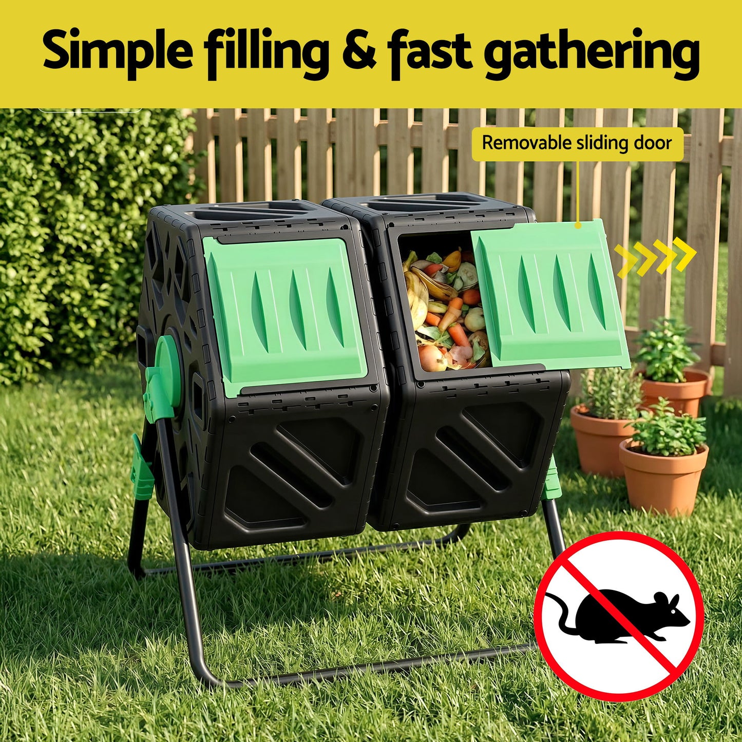 Gardeon Compost Bin Dual-Chamber 130L Composter Tumbler Rotating Garden Recycle Food Waste