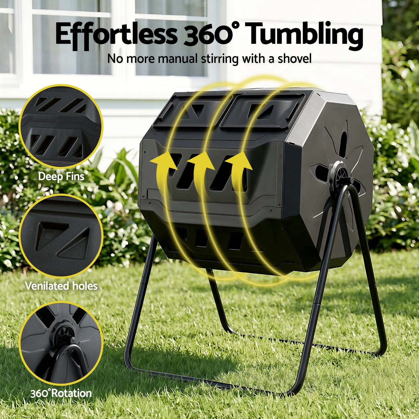 Gardeon Compost Bin Dual-Chamber 160L Composter Tumbler Rotating Garden Recycle Food Waste