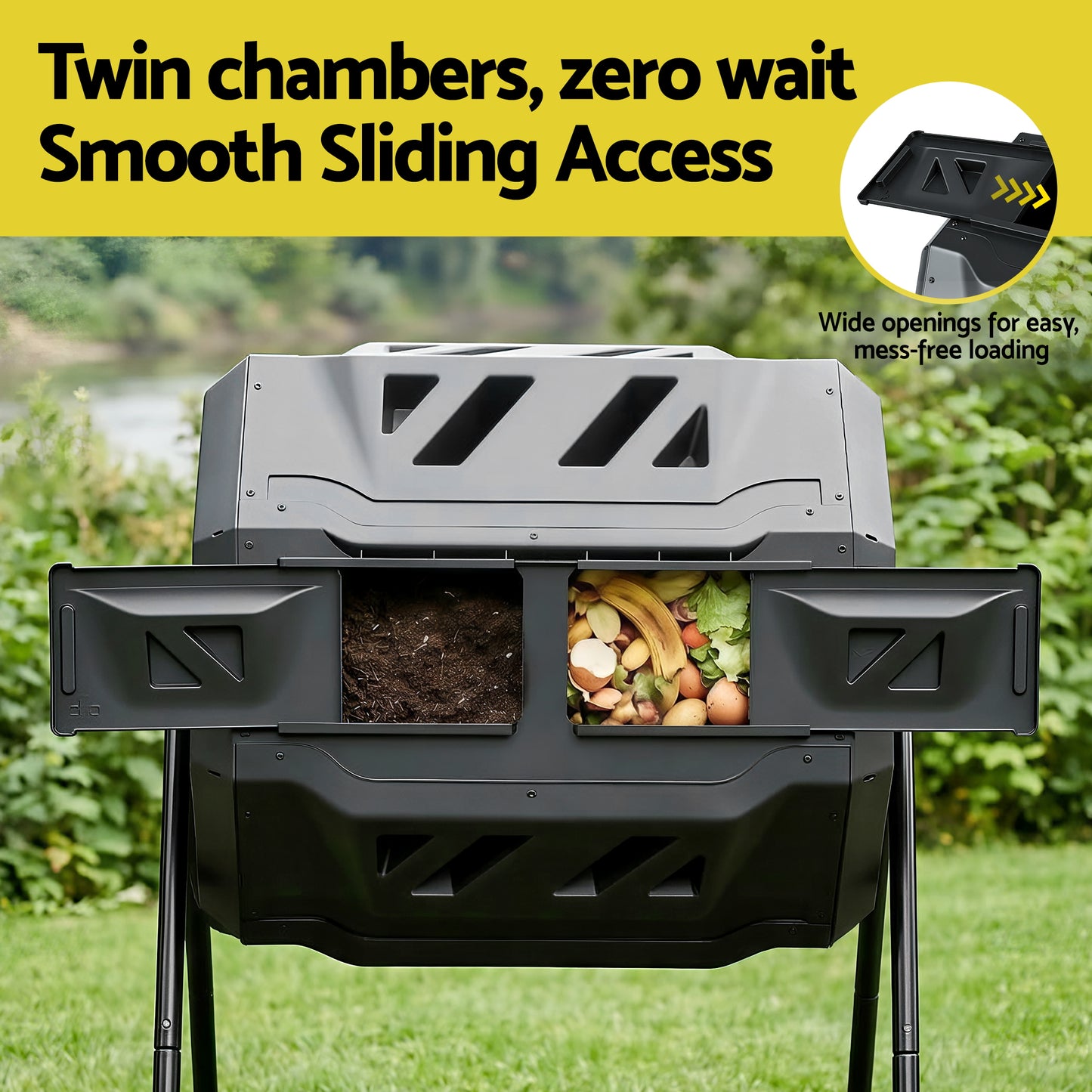 Gardeon Compost Bin Dual-Chamber 160L Composter Tumbler Rotating Garden Recycle Food Waste