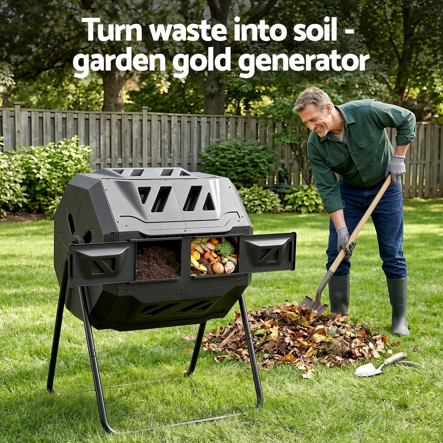 Gardeon Compost Bin Dual-Chamber 160L Composter Tumbler Rotating Garden Recycle Food Waste