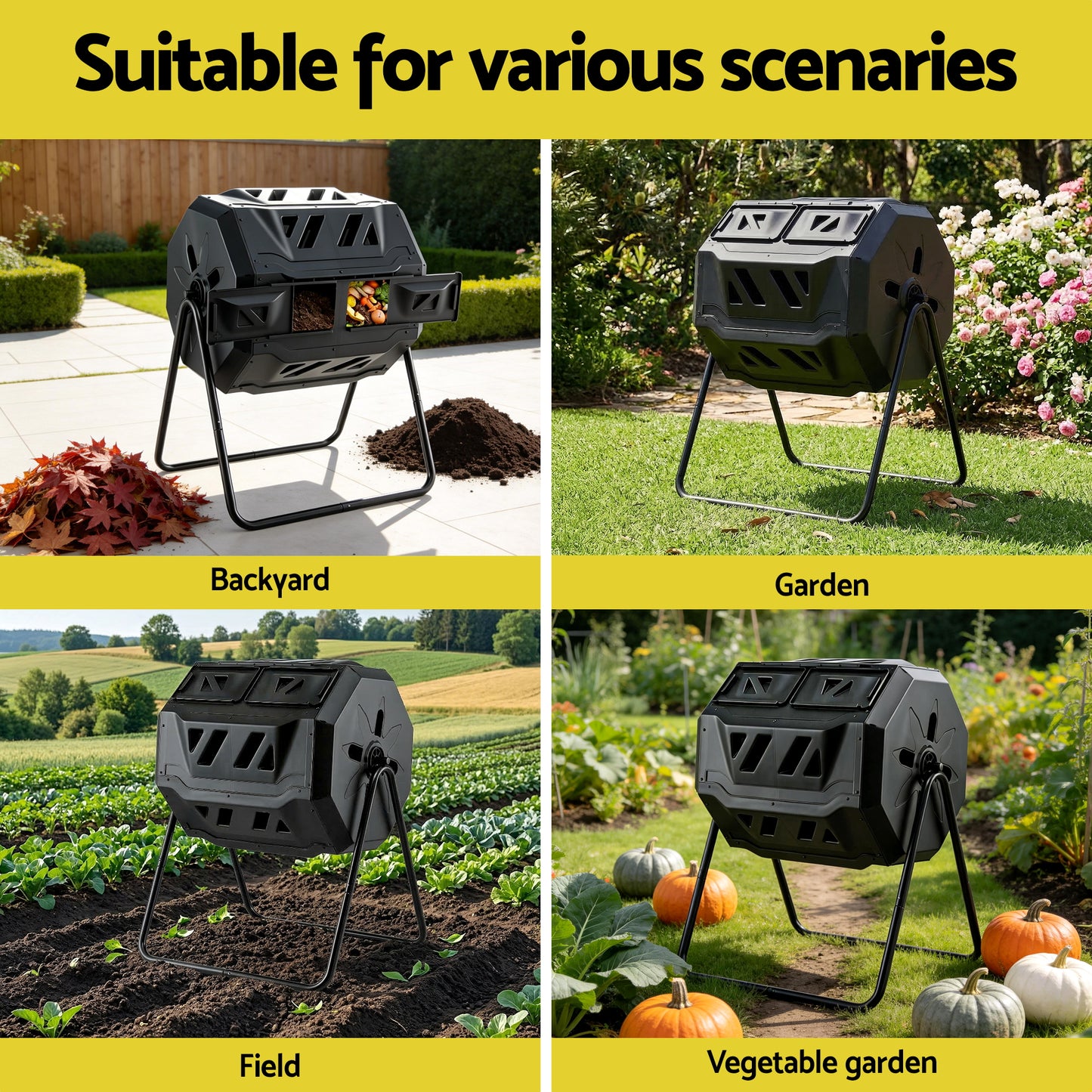 Gardeon Compost Bin Dual-Chamber 160L Composter Tumbler Rotating Garden Recycle Food Waste