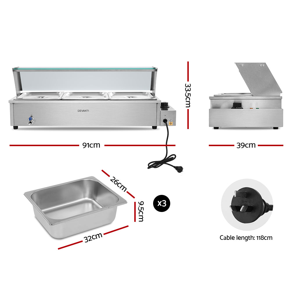 Devanti Commercial Food Warmer Bain Marie 3 Electric Buffet Pans-1