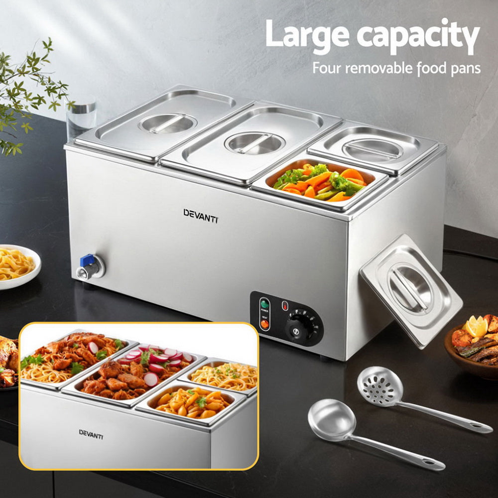 Devanti Commercial Food Warmer Bain Marie 4 Electric Buffet Pans-4