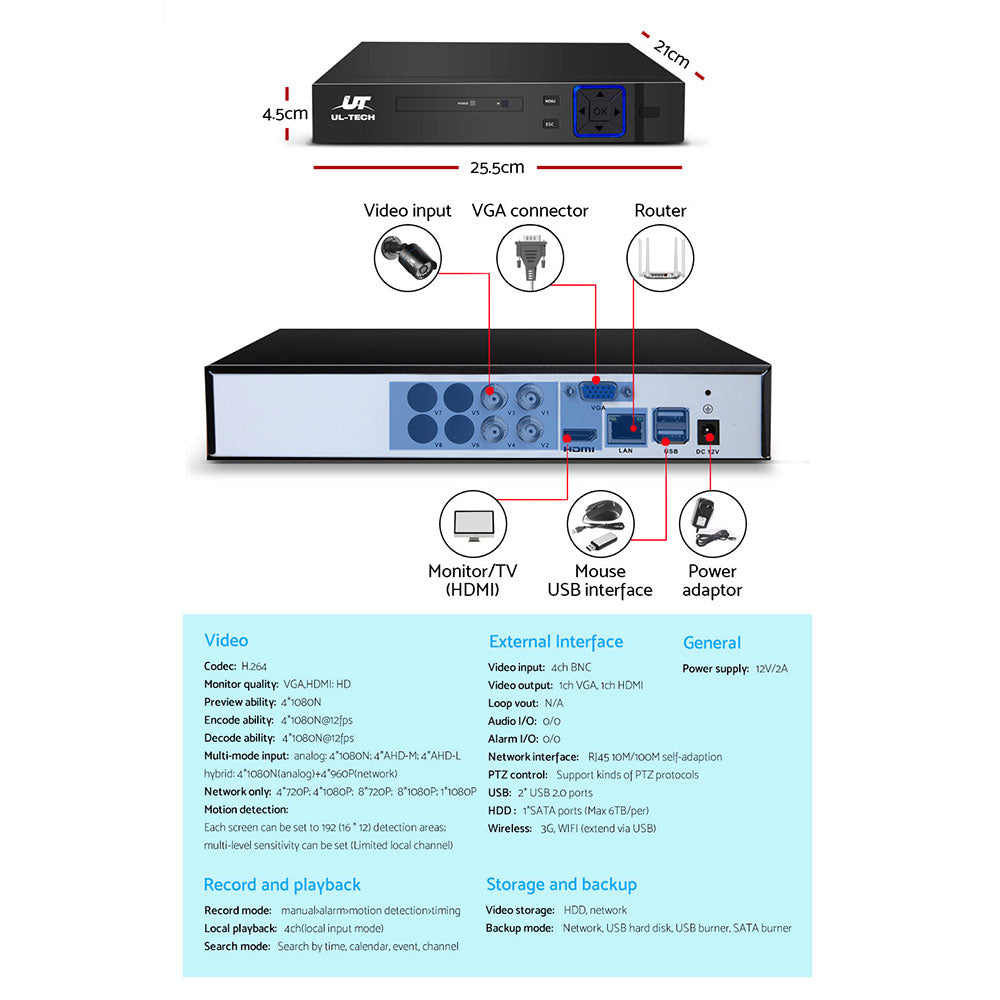 UL-tech CCTV Security System 4CH DVR 2 Cameras 1080p-4