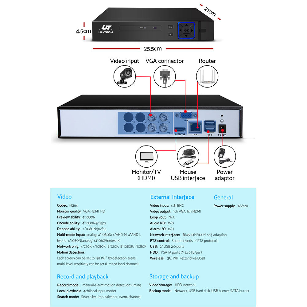 UL-tech CCTV Security System 4CH DVR 4 Cameras 1080p-4