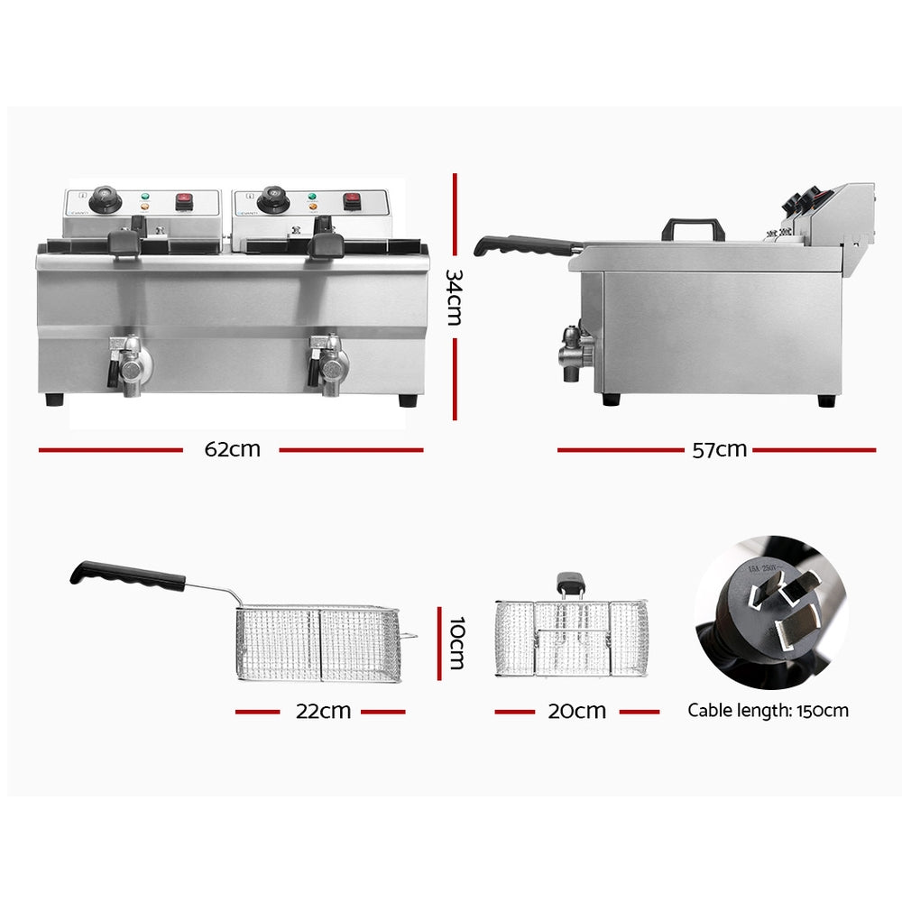 Devanti 20L Electric Commercial Deep Fryer Double Baskets Oil Taps 6000W-1