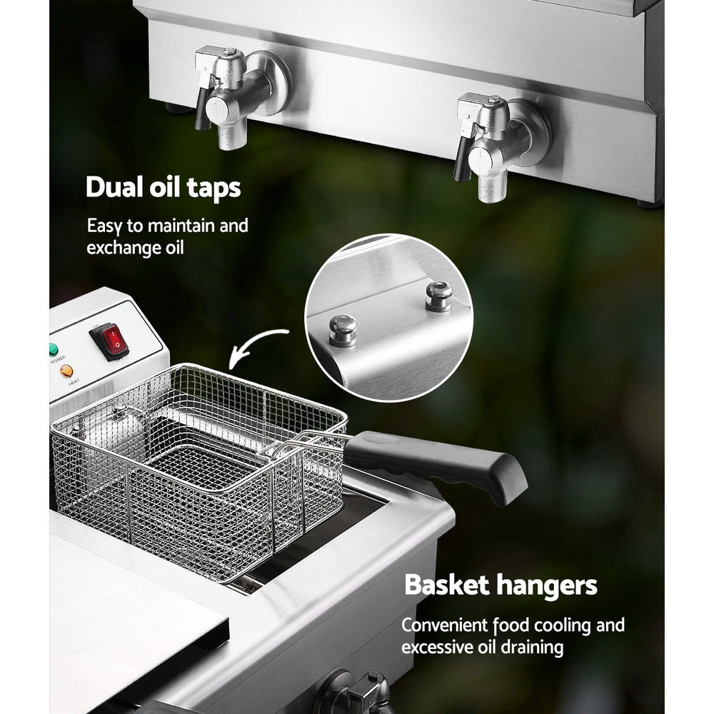 Devanti 20L Electric Commercial Deep Fryer Double Baskets Oil Taps 6000W-4