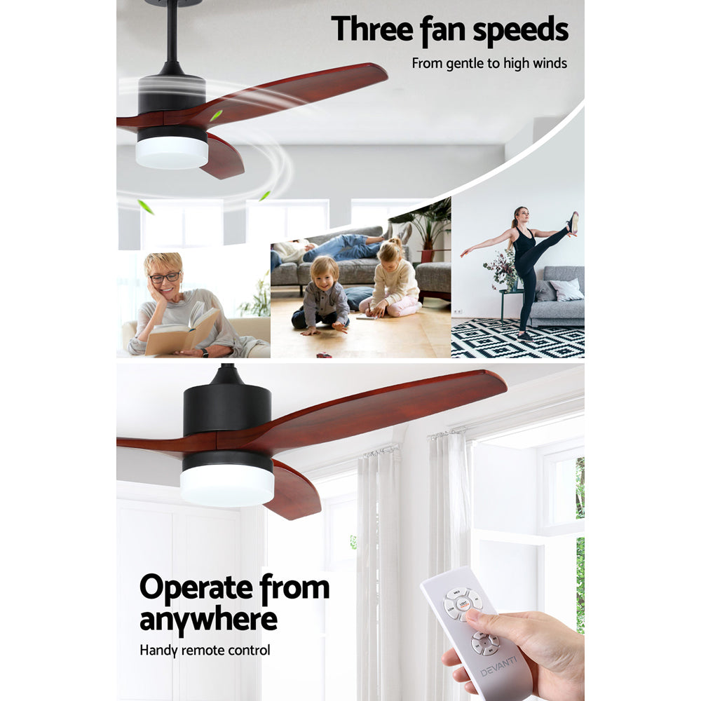 Devanti 52'' Ceiling Fan AC Motor 3 Blades w/Light - Dark Wood-5