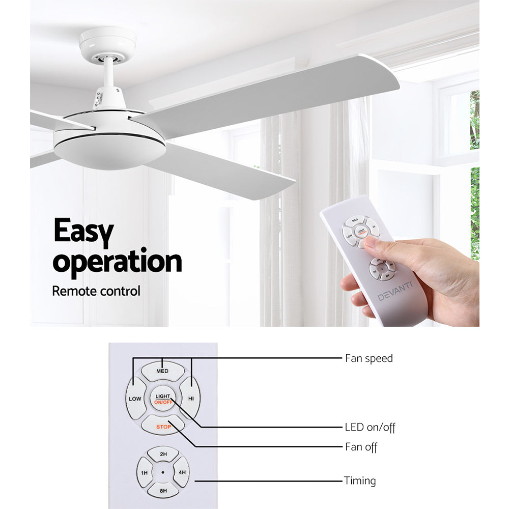 Devanti 52'' Ceiling Fan AC Motor 4 Blades w/Remote - White-3