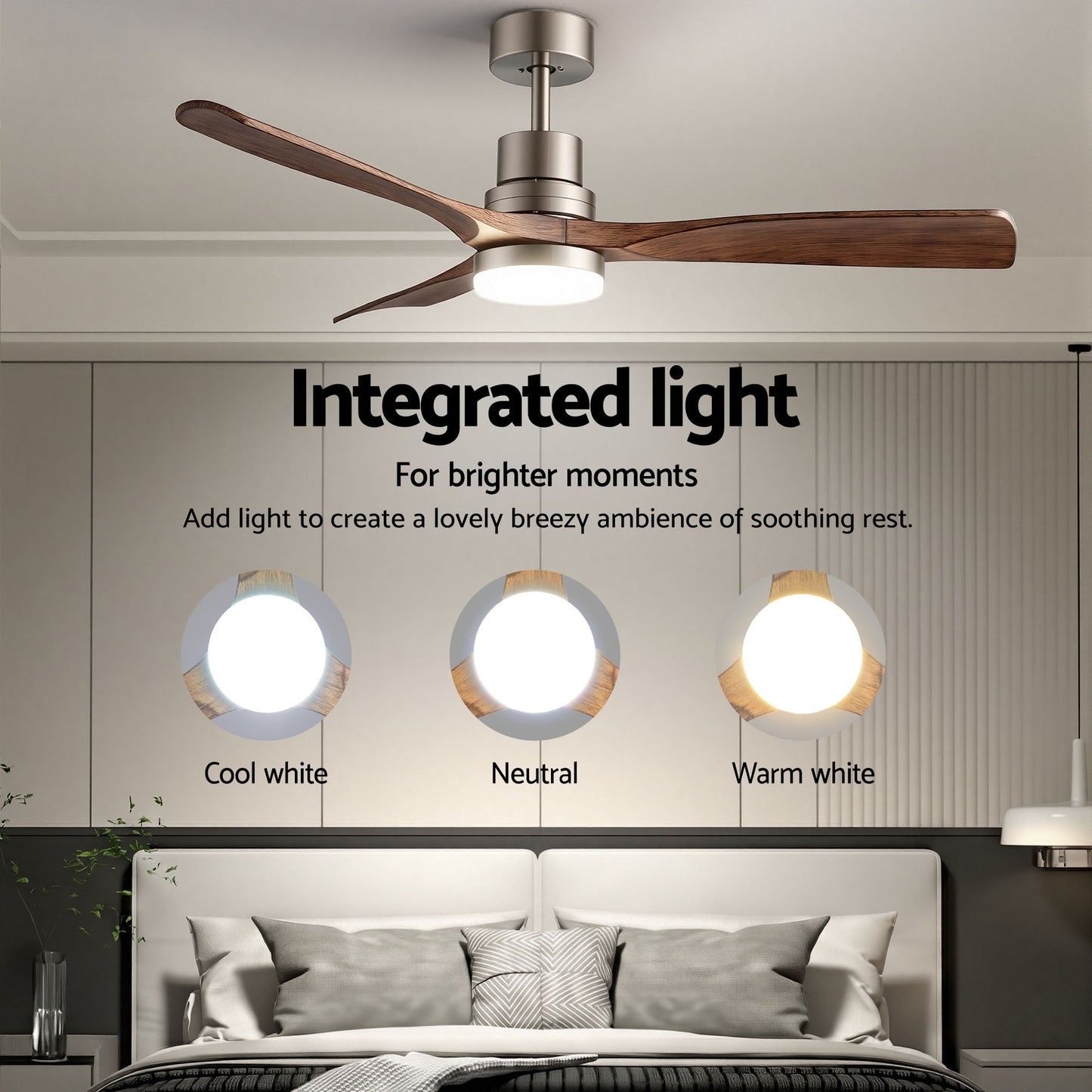 Devanti 52" Ceiling Fan with Light Remote Control DC Motor Smart App Timber Blades Brown
