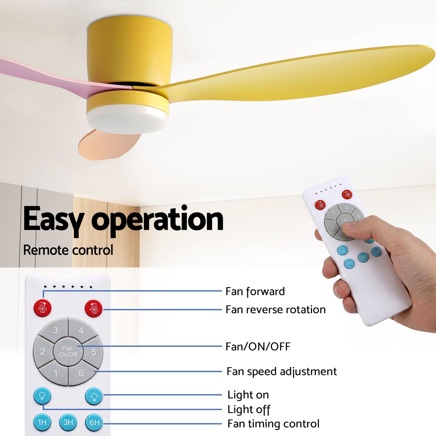 Devanti 52'' Ceiling Fan 3 Blades DC Motor w/Light w/Remote Yellow Pink Orange-6
