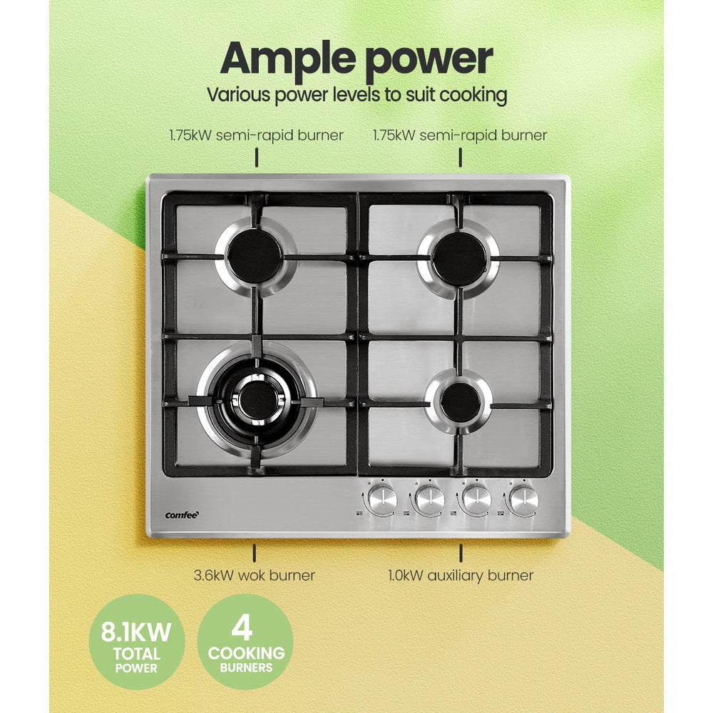 Comfee 60cm Gas Cooktop Stainless Steel 4 Burners Kitchen Stove Cook Top NG LPG-4