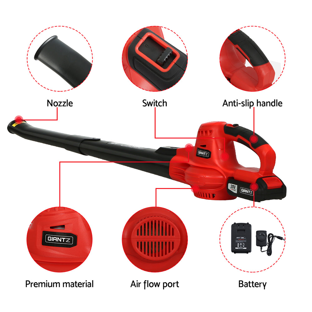 Giantz 20V Cordless Leaf Blower Garden Lithium Battery Electric Nozzles 2-Speed-6