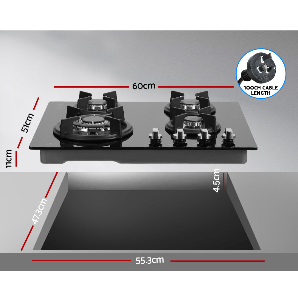 Devanti Gas Cooktop 60cm 4 Burner Black-1