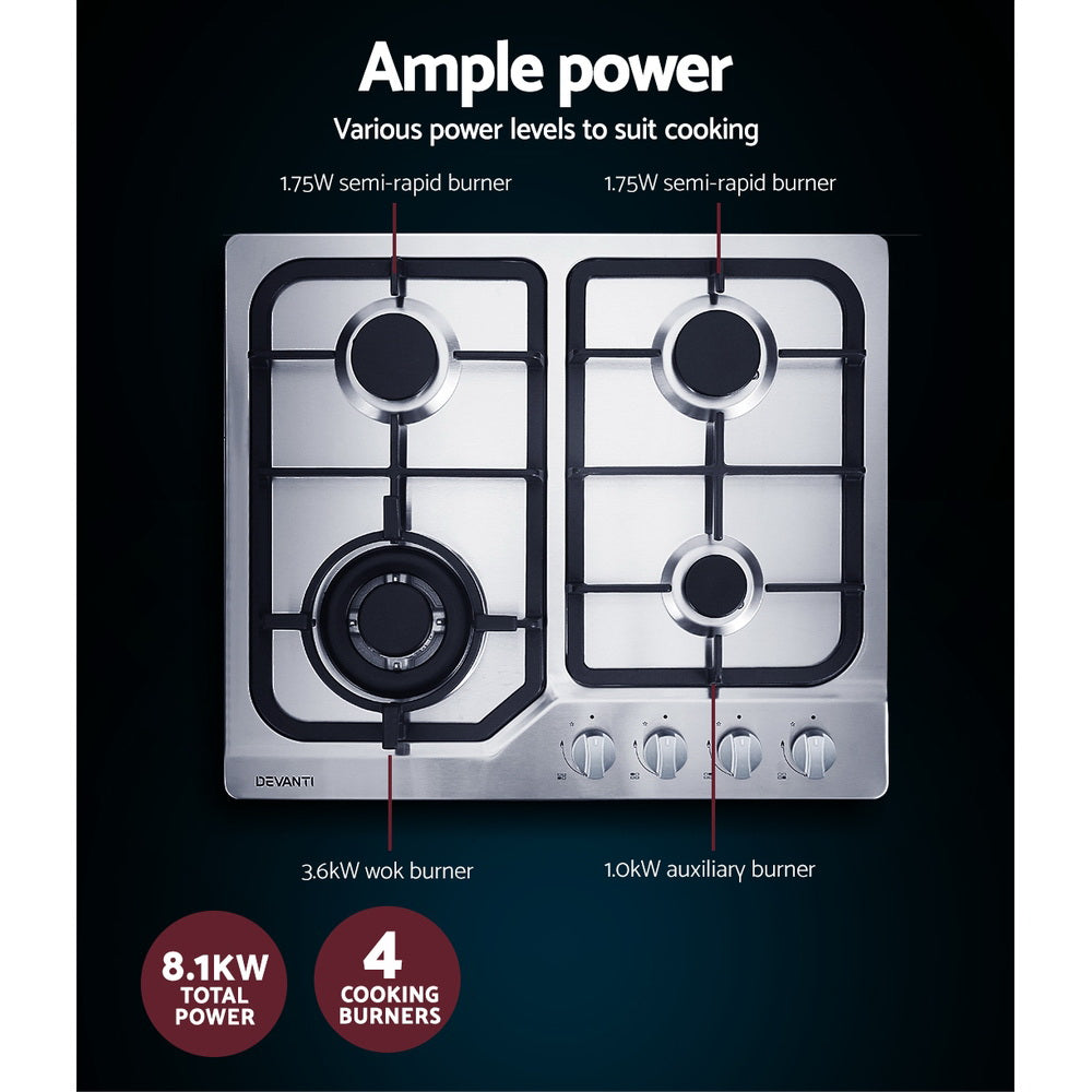 Devanti Gas Cooktop 60cm 4 Burner Silvir-4