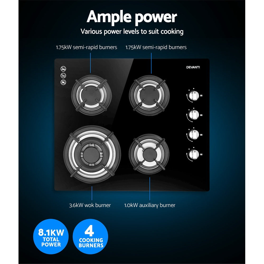 Devanti Gas Cooktop 60cm Stove Hob Black-4