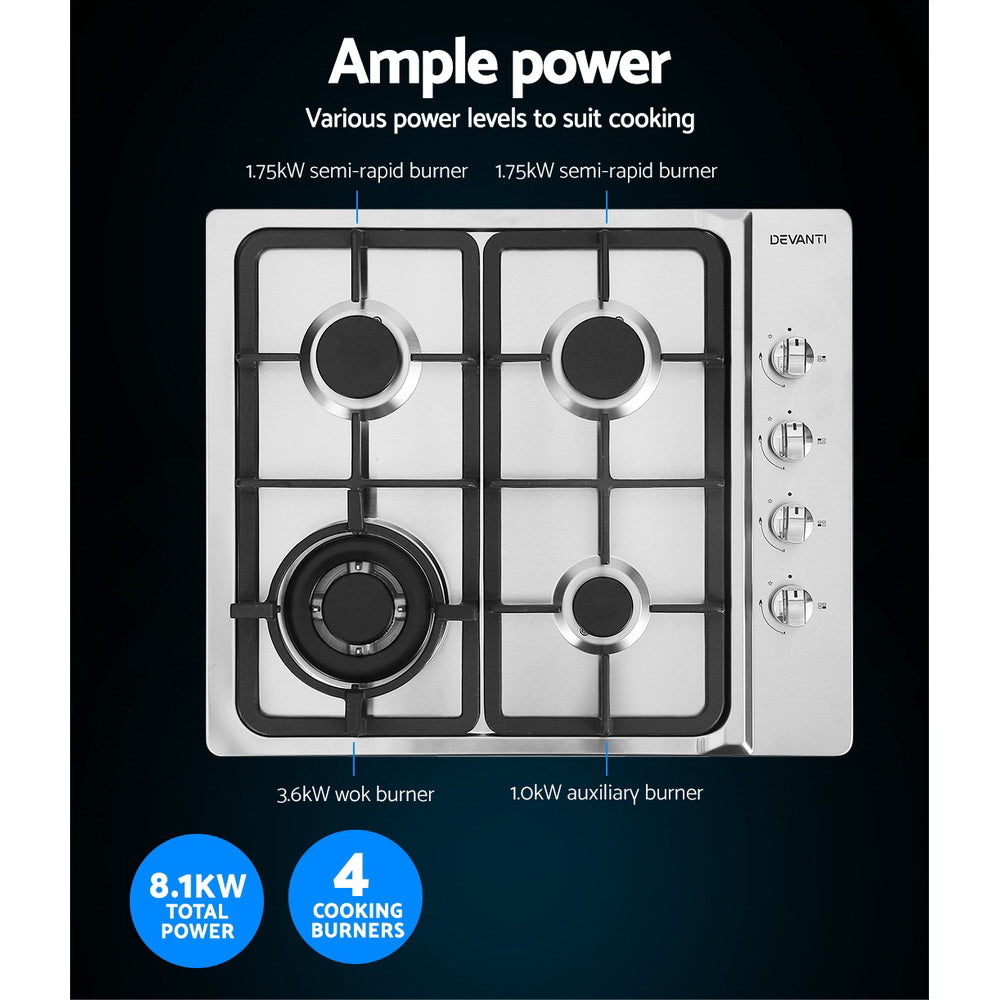 Devanti Gas Cooktop 60cm Stove Hob Silvir-4