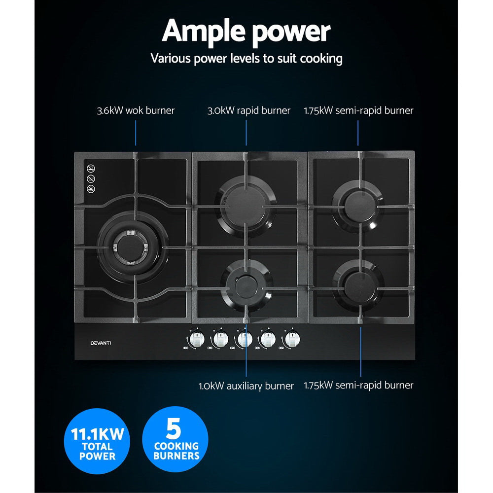 Devanti Gas Cooktop 90cm 5 Burner Black-4