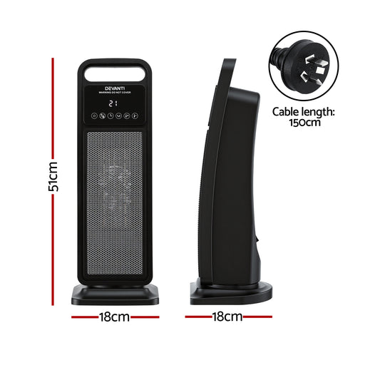 Devanti 2000W Ceramic Tower Heater Space Heaters Indoor Oscillating Black