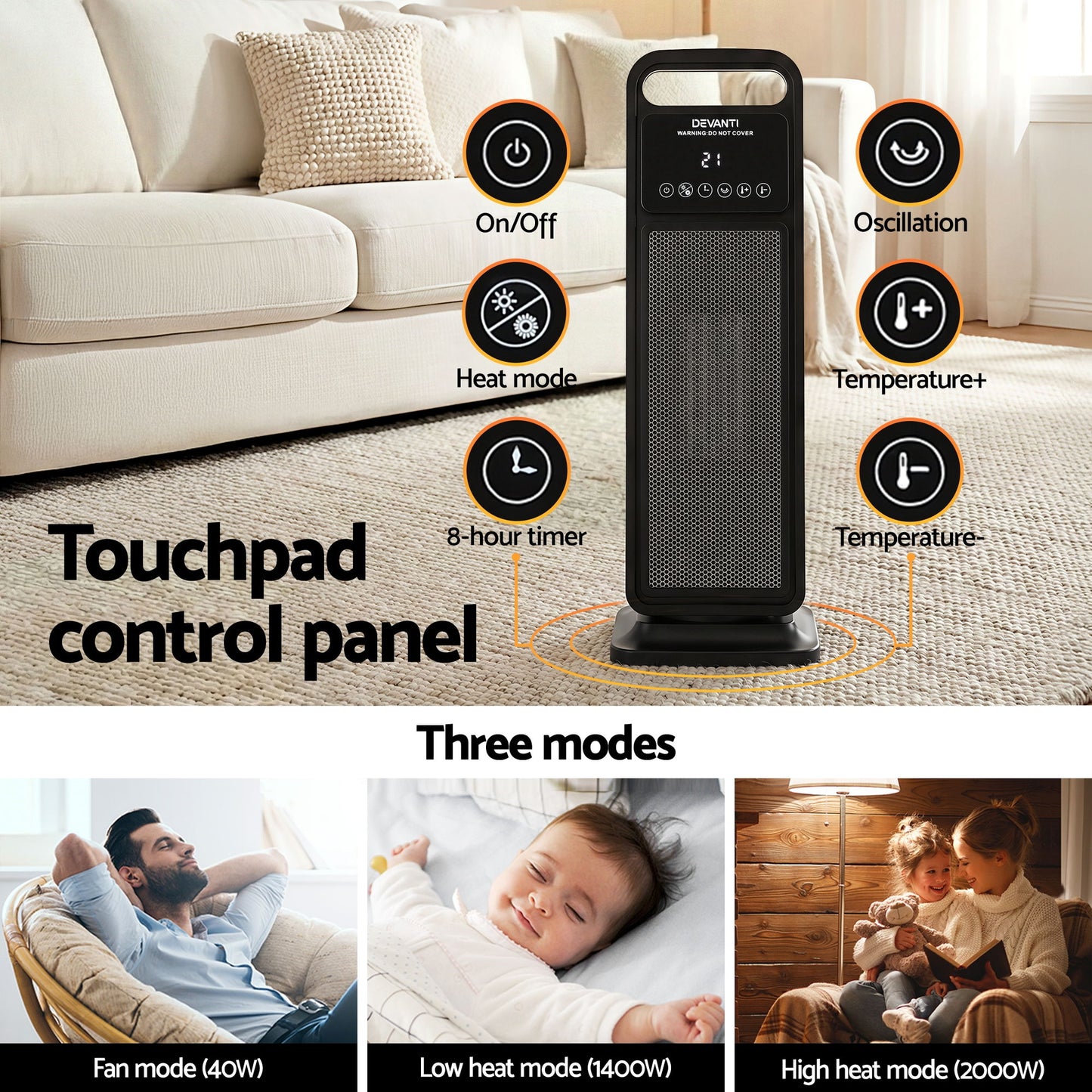 Devanti 2000W Ceramic Tower Heater Space Heaters Indoor Oscillating Black