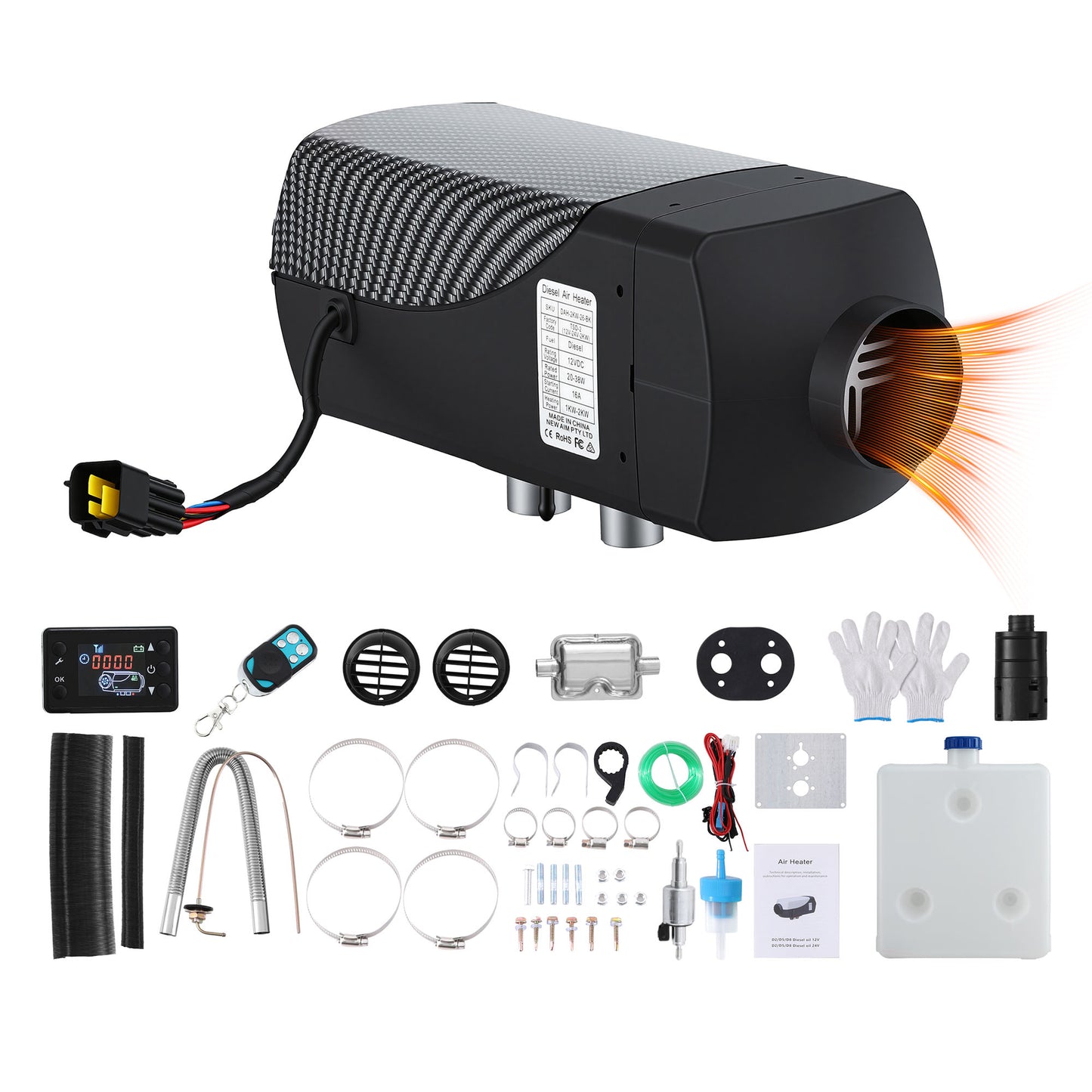 Giantz Diesel Air Heater 12-24V 2KW LCD Display Remote Control for Car Bus RV Indoor Black