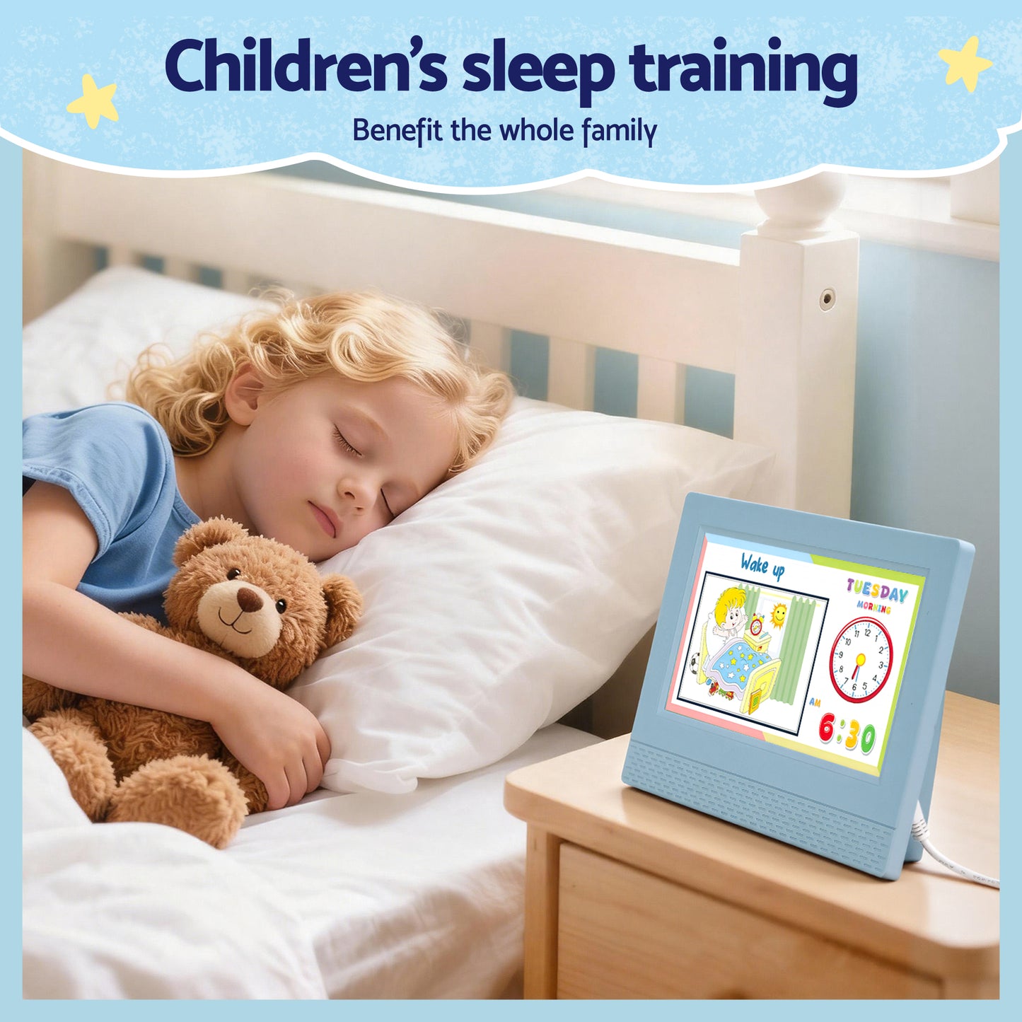 Artiss 7" Digital Day Clock Calendar Alarm LCD Children Sleep Trainer Clocks Blue-4