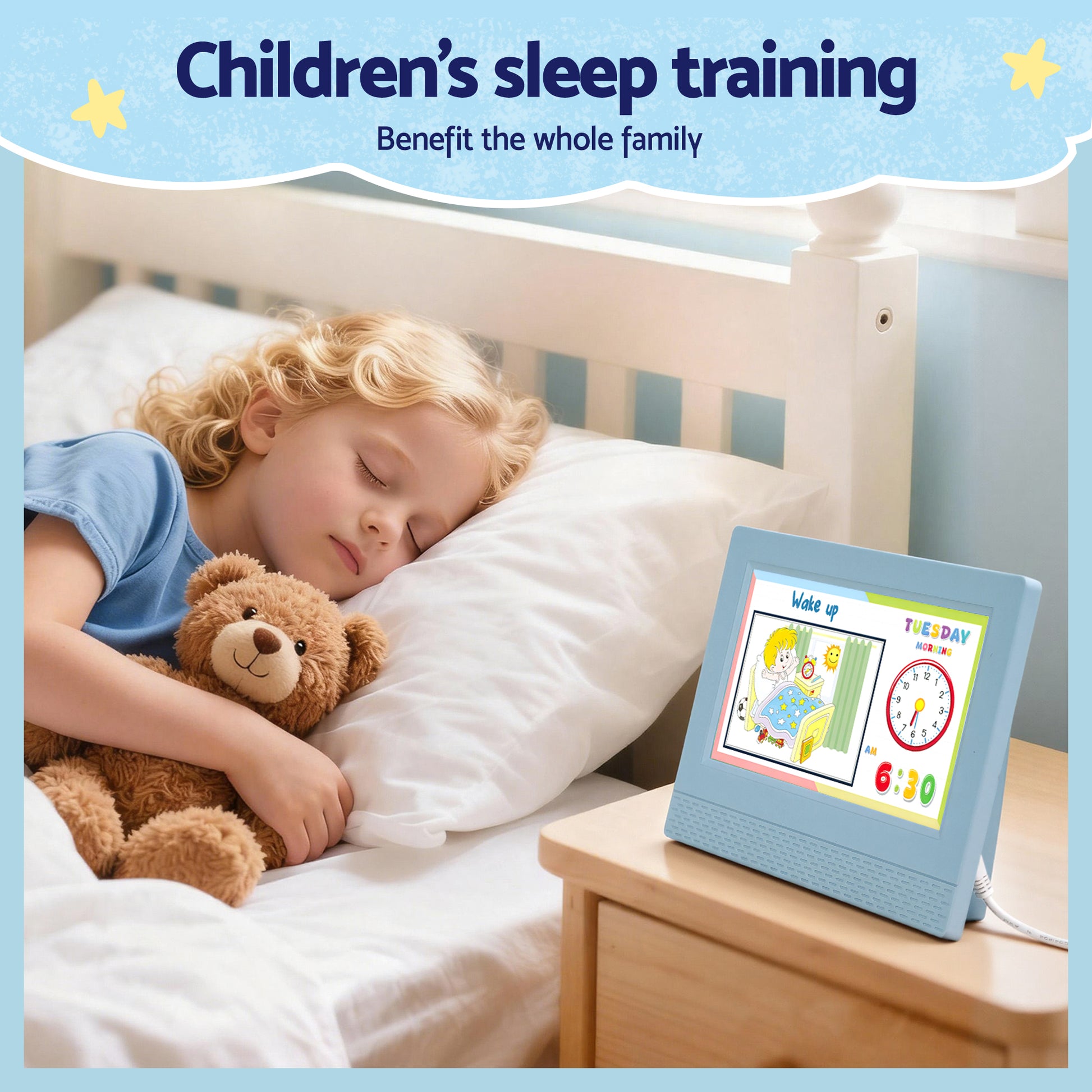 Artiss 7" Digital Day Clock Calendar Alarm LCD Children Sleep Trainer Clocks Blue-4