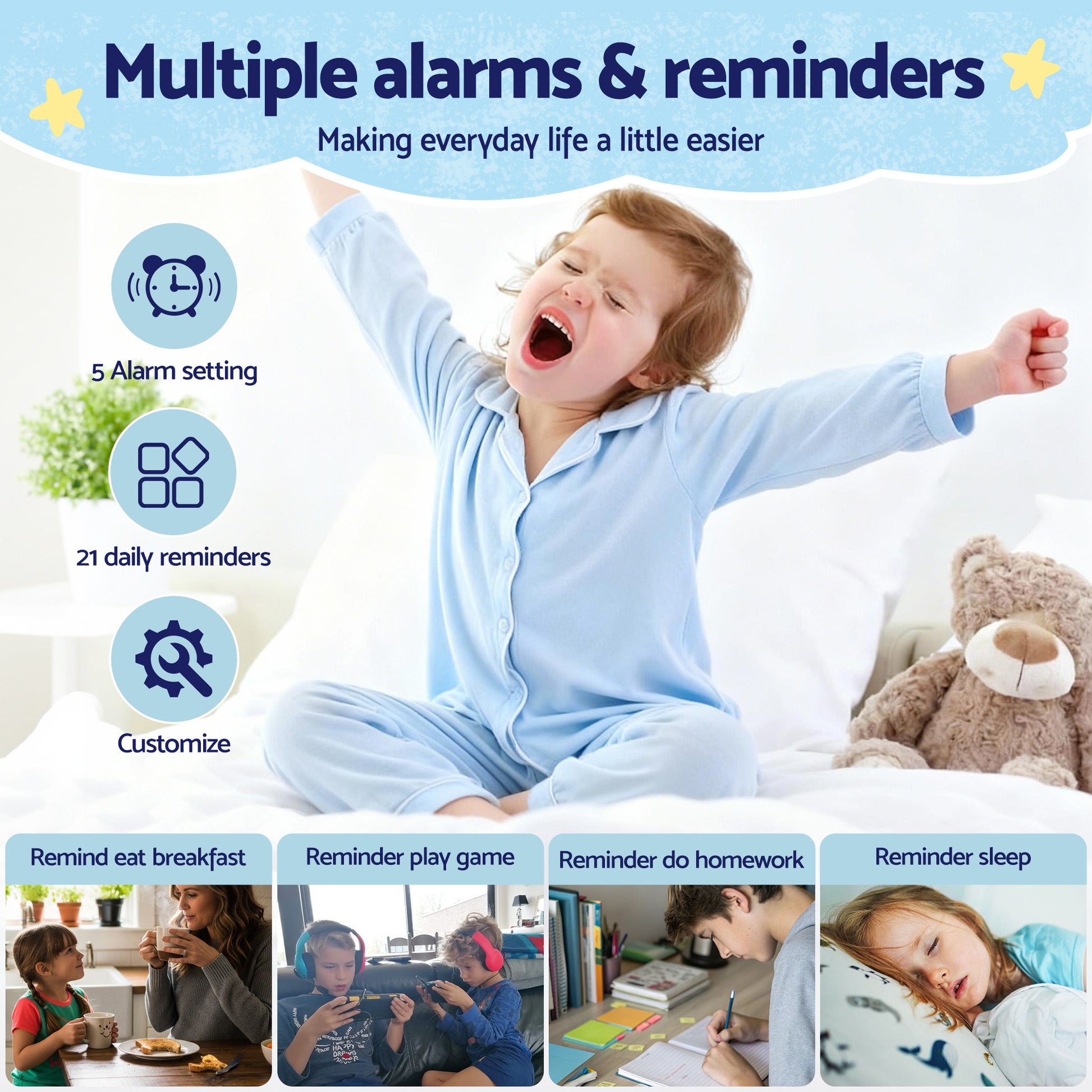 Artiss 7" Digital Day Clock Calendar Alarm LCD Children Sleep Trainer Clocks Blue-5