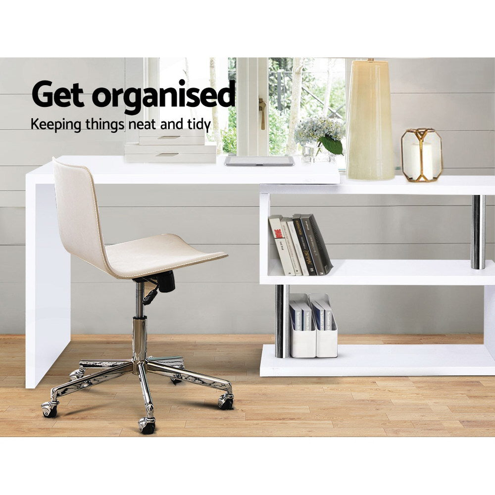 Artiss Computer Desk L-Shape Bookshelf White-2