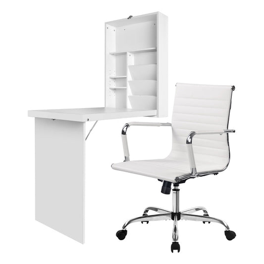 Artiss Computer Desk Office Chair Set PU Leather Wall Mount Foldable Table White-0