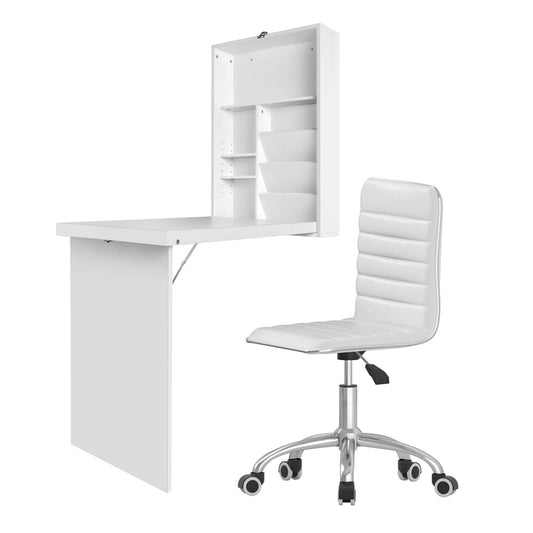 Artiss Computer Desk Office Chair Set PU Leather Wall Mount Foldable Table White-0