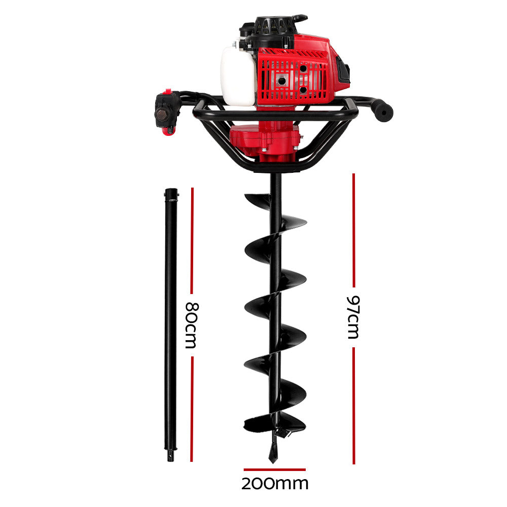 Giantz 92CC Post Hole Digger 200mm Petrol Drill Extension Auger Bits-1