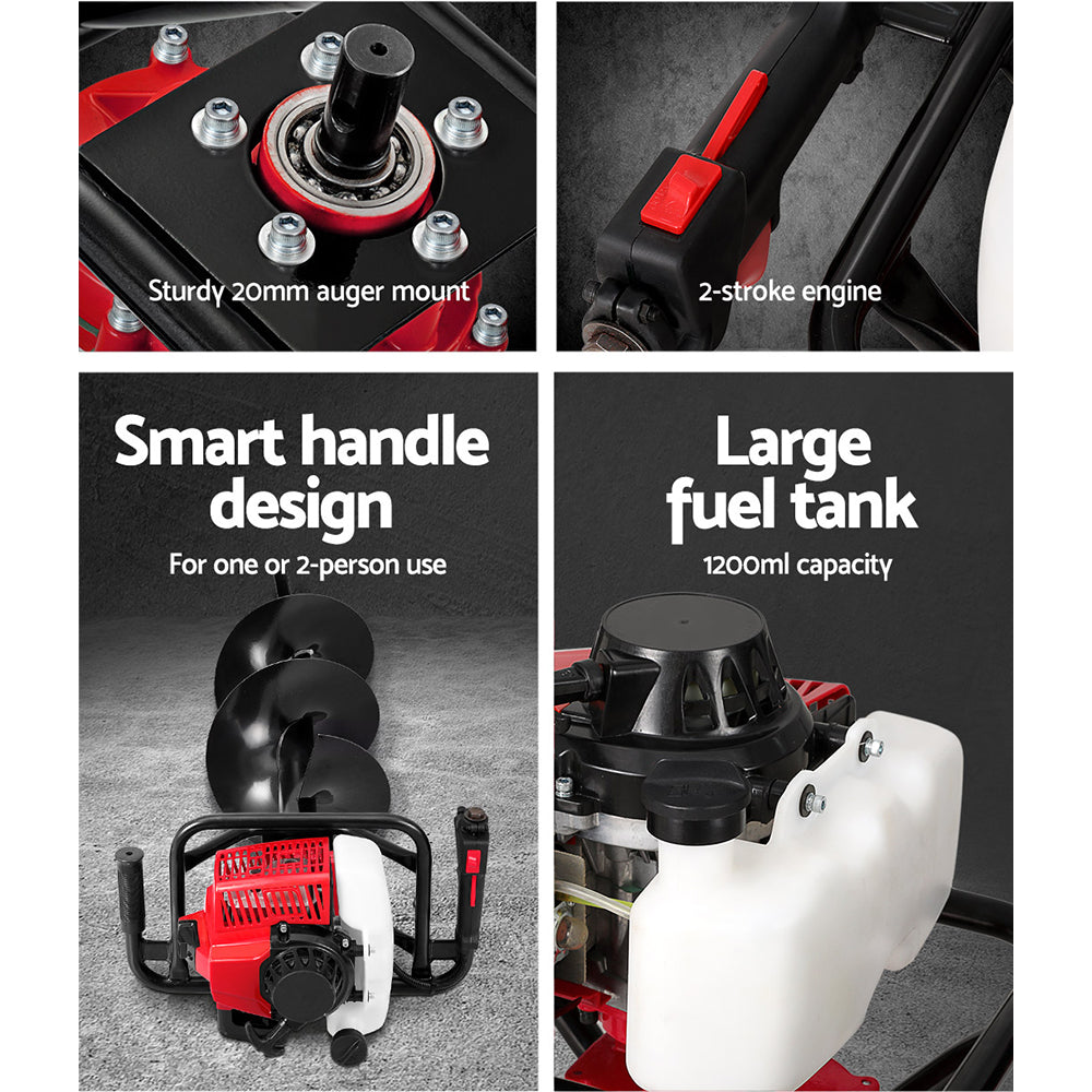 Giantz 92CC Post Hole Digger 300mm Petrol Drill Extension Auger Bits-5