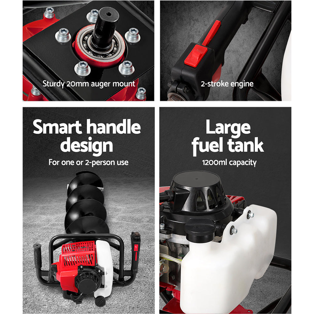 Giantz Post Hole Digger 92CC Petrol Motor Drill Extension Auger Bits Kits-5