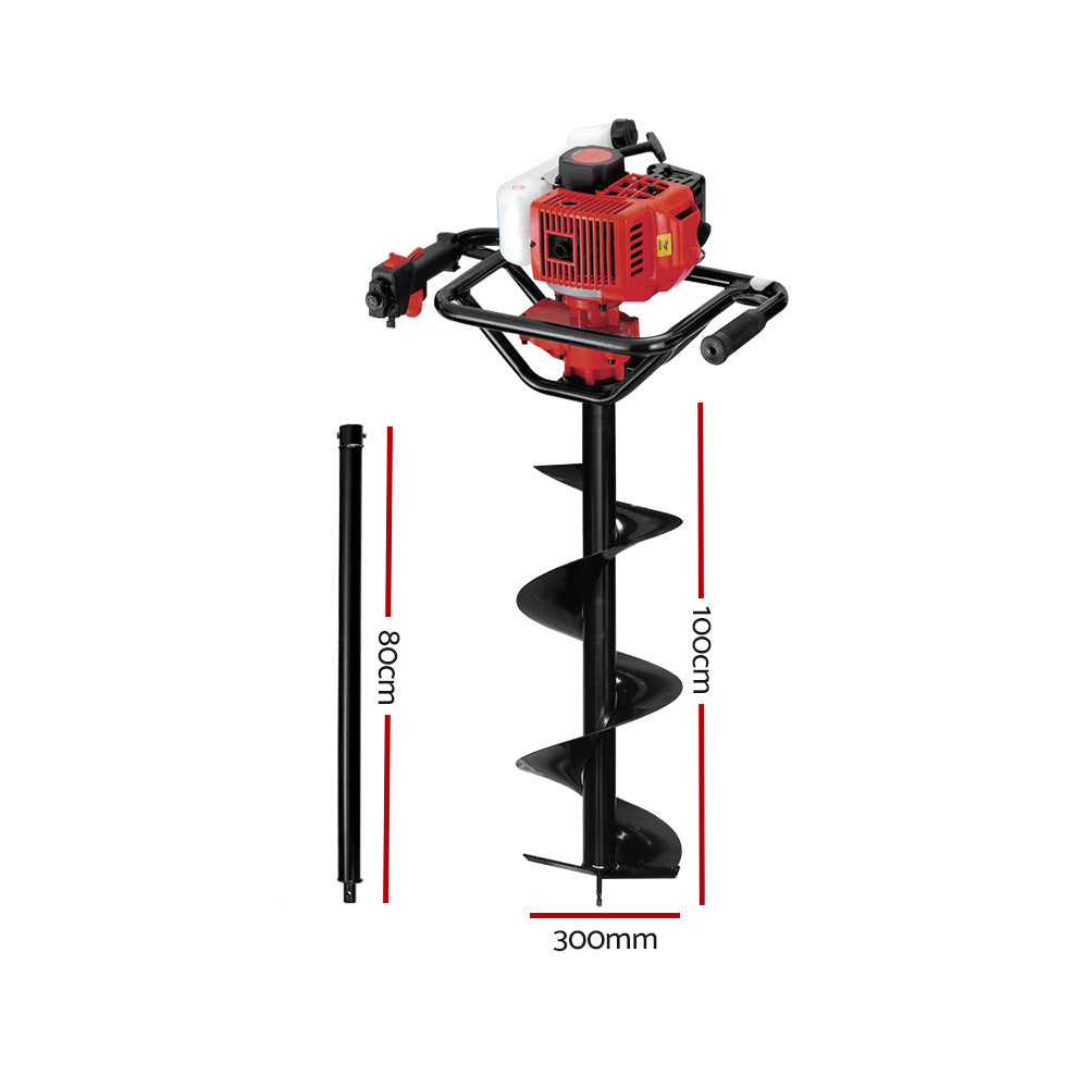 Giantz 92CC Post Hole Digger 300mm Petrol Drill Extension Bits Auger-1