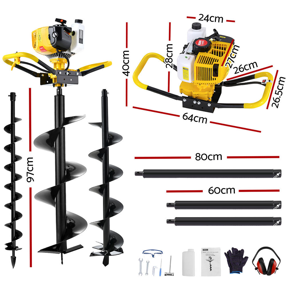 Giantz 74CC Post Hole Digger Petrol Motor Drill Extension Auger Bits Kits-1