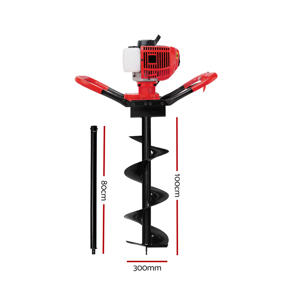 Giantz 80CC Post Hole Digger 300mm Petrol Drill Extension Bits Auger-1