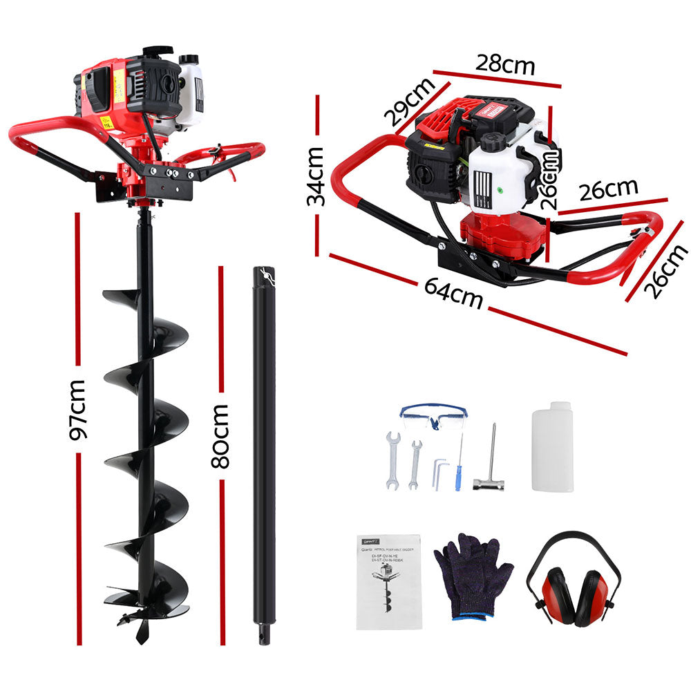 Giantz 65CC Post Hole Digger 200mm Petrol Drill Auger Extension Bits-1