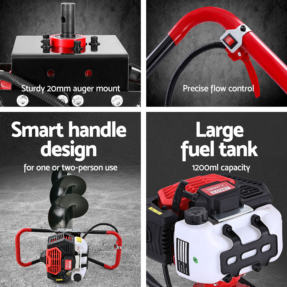 Giantz 65CC Post Hole Digger 300mm Petrol Drill Auger Extension Bits-5