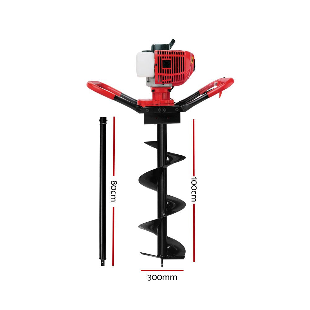 Giantz 66CC Post Hole Digger 300mm Petrol Drill Extension Auger Bits-1