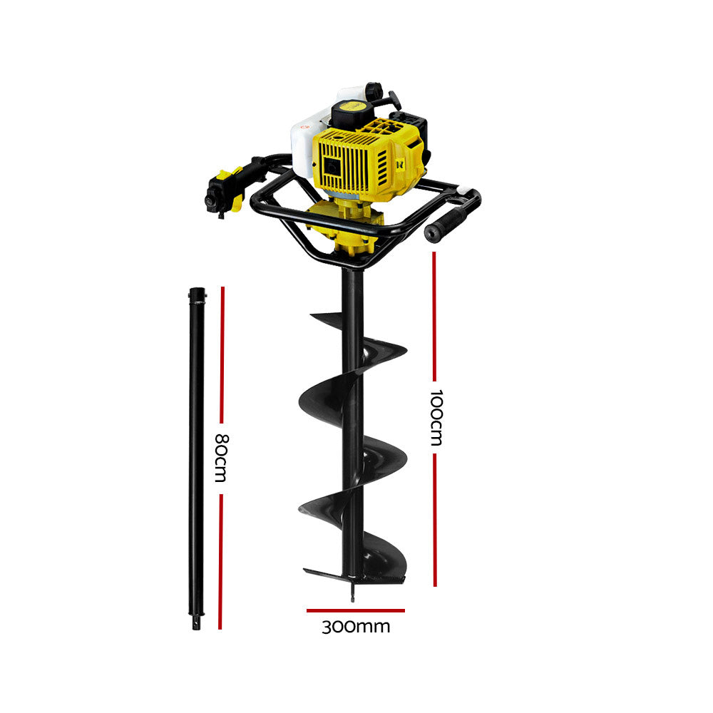 Giantz 92CC Post Hole Digger 300mm Petrol Drill Auger Extension Bits-1