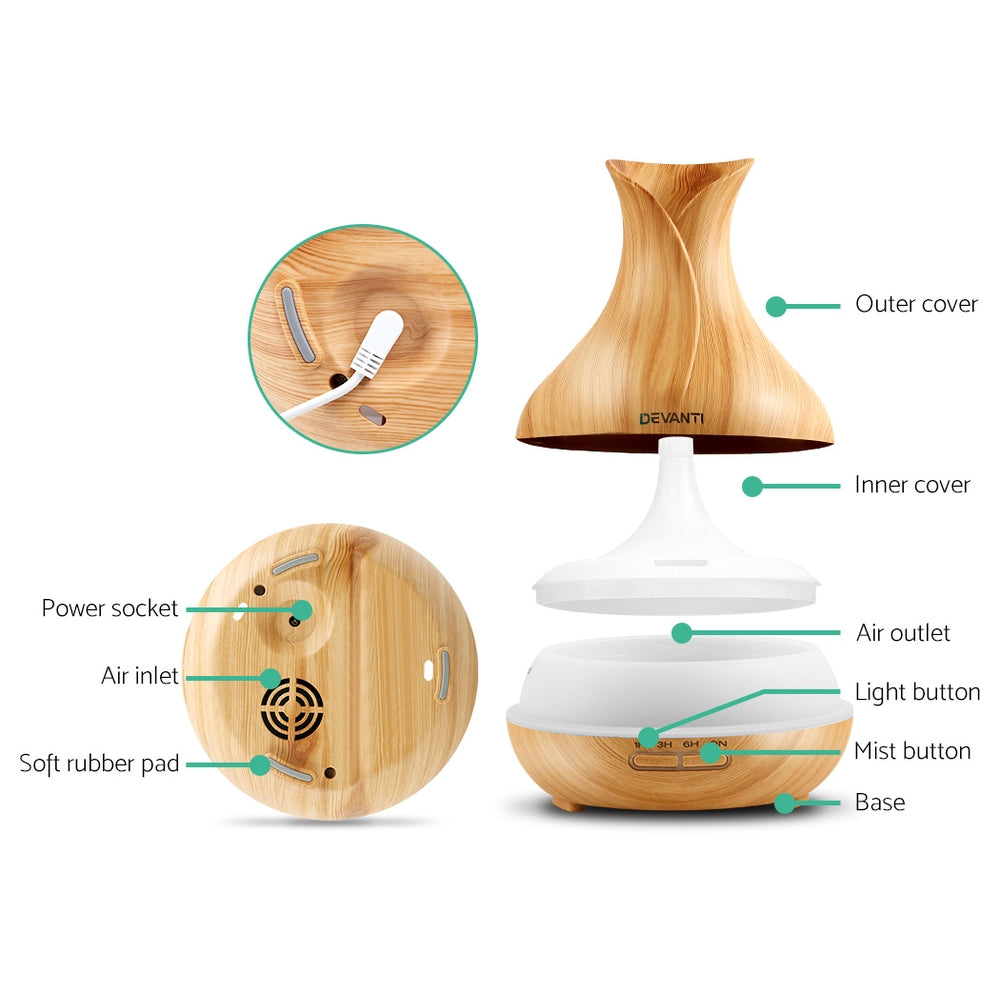 Devanti Aroma Diffuser Aromatherapy Light Wood 400ml-2