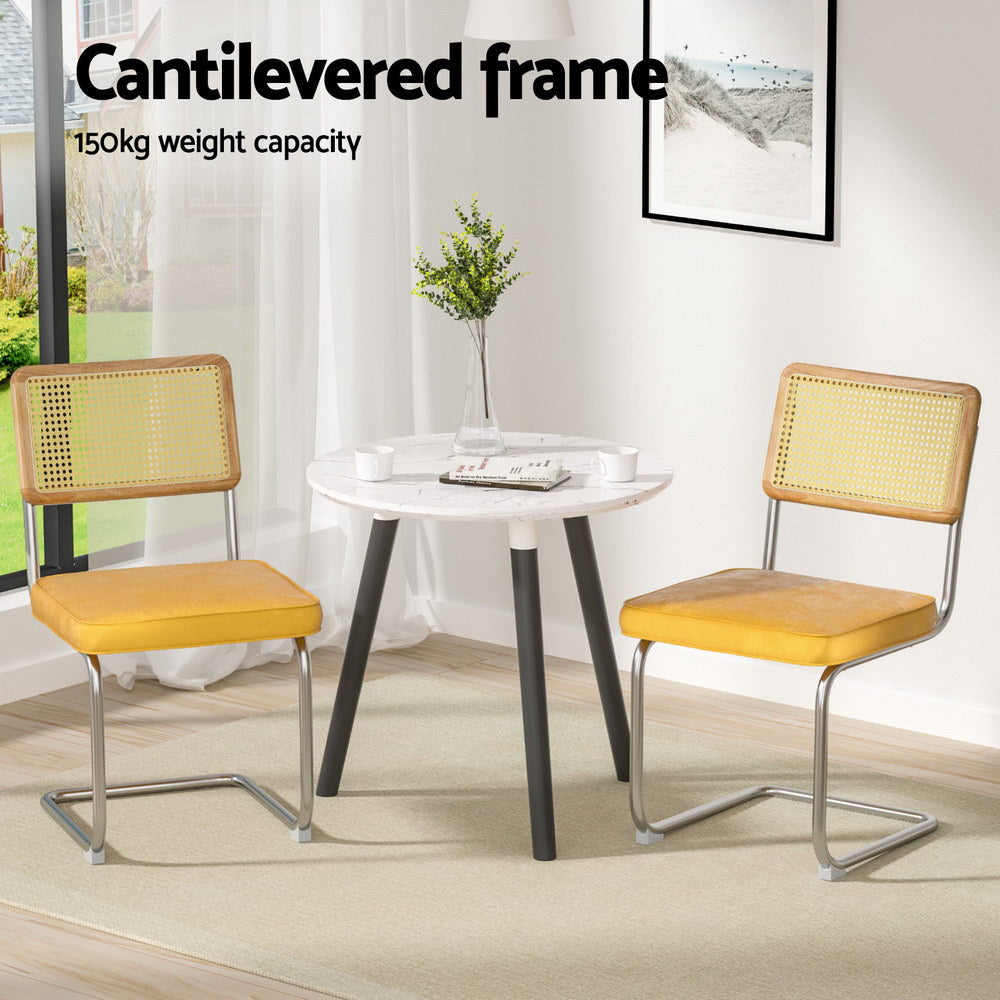 Artiss Dining Chairs Set of 4 Velvet Rattan Cantilever Yellow-3