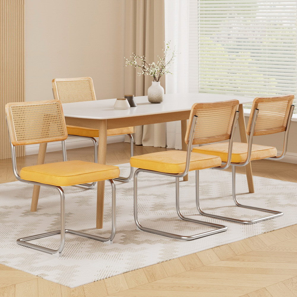 Artiss Dining Chairs Set of 4 Velvet Rattan Cantilever Yellow-6