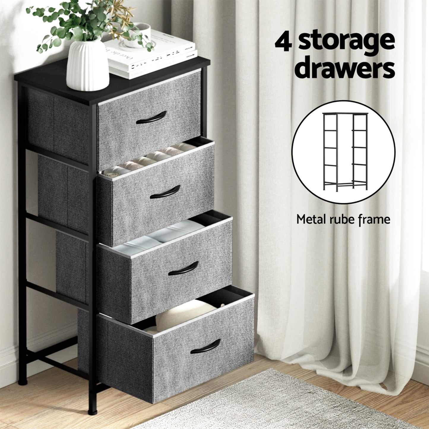 Artiss Set of 2 Chest of 4 Drawers Storage Dresser Tallboy Grey-3