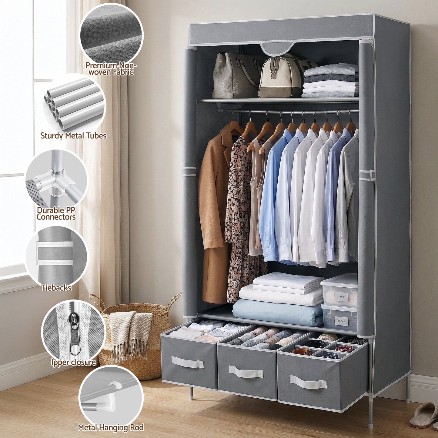 Artiss Large Portable Clothes Closet Wardrobe with Tiebacks Grey