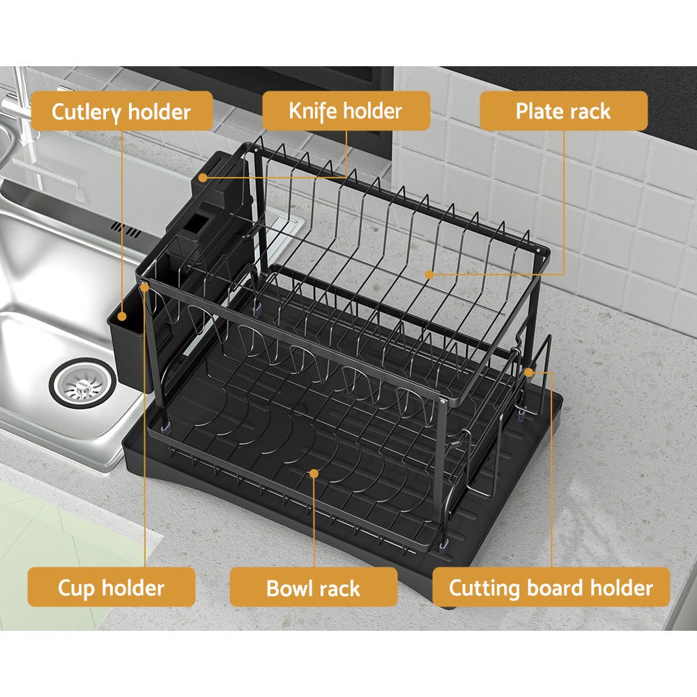 Cefito Dish Rack Expandable Drying Drainer Cutlery Holder Tray Kitchen 2 Tiers-3