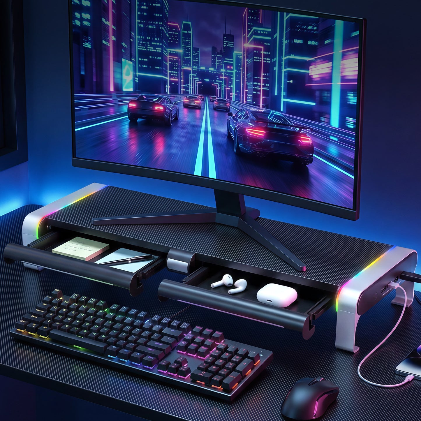 Artiss RGB Monitor Stand with USB Hub Desk Organiser Charging Stand Computer Stand Black-6