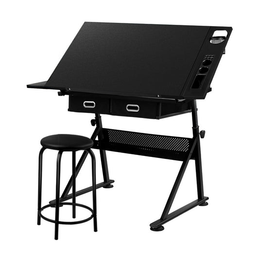 Artiss Drawing Desk Stool Set Drafting Table Adjustable Angle Tilt Drawers Black-0