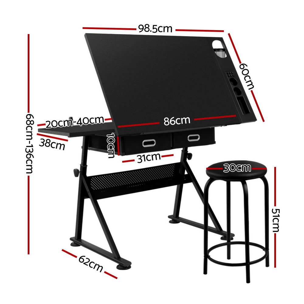 Artiss Drawing Desk Stool Set Drafting Table Adjustable Angle Tilt Drawers Black-1